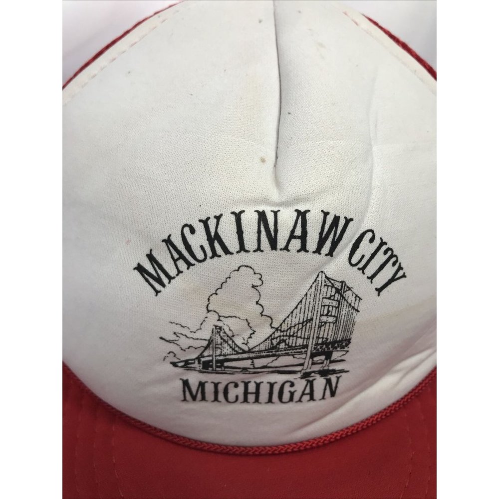 Vintage Mackinaw City Bridge Michigan White And Red Snapback Mesh Trucker Hat - Picture 2 of 11